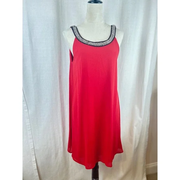 Ya Los Angeles Red Embellished Neckline Sleeveless Sheath Dress Women's Size L